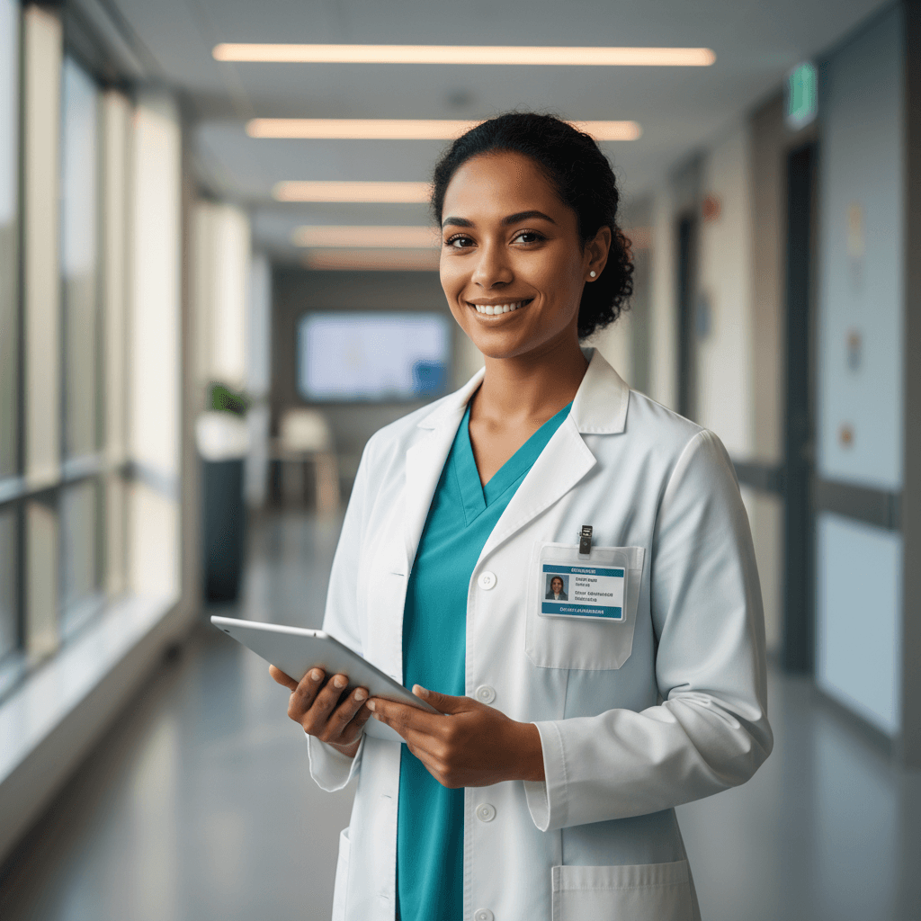 Professional healthcare worker in medical scrubs smiling confidently in modern hospital corridor with natural lighting