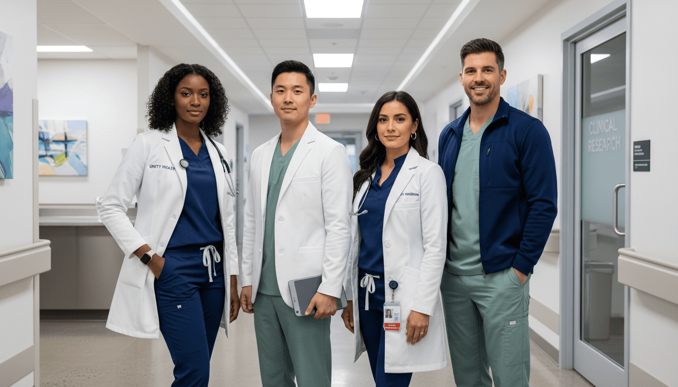 Diverse group of four healthcare professionals wearing coordinated scrubs and lab coats standing confidently in modern clinical hallway